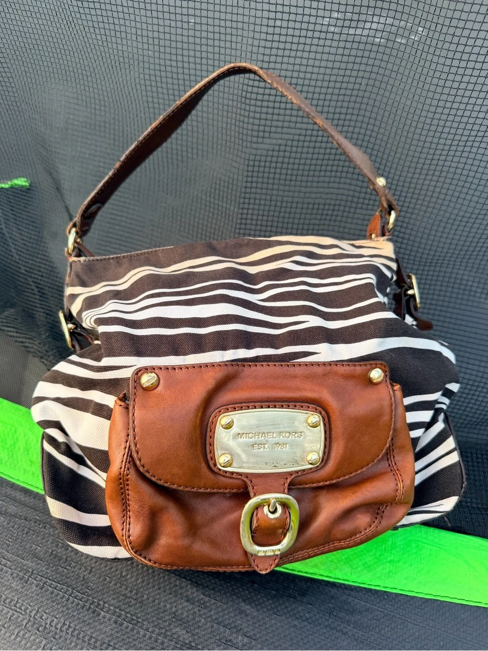 Michael Kors Zebra Design Canvas Leather Trim Tote Bag Purse Handbag